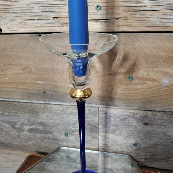 Romanian Crystal Tapered Candle Holder - Cobalt & Aegean Gold. Made in Romania - Picture 3 of 10